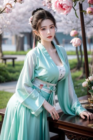 Masterpiece, Best Quality,young and beautiful Chinese girl wearing a cheongsam with coiled hair,wearing vintage Chinese earrings, (big breasts:1.45),1girl, half, (Masterpiece:1.2), best quality,arien_hanfu, 1girl, (spring scene:1.59), (light green hanfu dress:1.29),looking_at_viewer, (big breasts:1.69),Young beauty spirit,(The background is the Forbidden City1.39),Xyunxiao,(Large aperture, blurred background, spring scene, peony flowers:1.39)