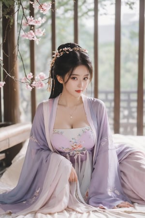 (masterpiece, best quality:1.2),1girl, solo, long hair, black hair,Hairpins,necklace, hair ornament, dress, full body, (huge breasts:2.29), (full breasts:1.69),flower, earrings, indoors, hair bun, (light purple-white dress:1.29),(Tube top Hanfu long skirt:1.1), pillow, bed, night, chinese clothes, table, branch,daxiushan, ,daxiushan style,(huge breasts:2.39), (full breasts:1.79), realistic,hanfu, daxiushan,Shoulders are exposed, , daxiushan, arien_hanfu, FilmGirl,,Xyunxiao,weijin_hanfu,Xningyudie