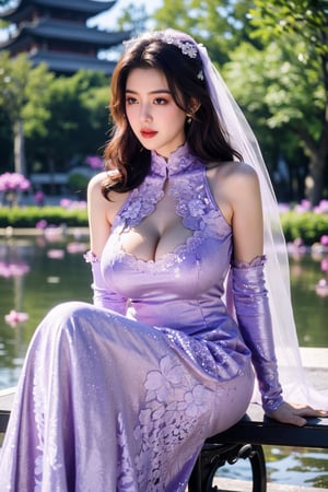 masterpiece,1girl,(mature female:0.5),tall body,golden proportions,(Kpop idol),(shiny skin:1.2),(oil skin:1.1),makeup,(close up),depth of field,(closed mouth:0.5),((long wavy purple hair)),(puffy eyes),(eyelashes:1.1),(parted lips:1.1),red lipstick,fantasy art style,dreamy light,(high neck purple wedding dress:1.59),(dark purple long wedding dress:1.39),(purple lace:1.36),(All clothes are purple:1.39),perfect body,(purple dreamy veil:1.3),(dusk:1.2),(princess shoes:1.1),(diamond necklace),(crystal hairpin),tyndall effect,highres,BREAK,(Sitting on a garden bench in a garden full of peony flowers, next to a lotus pond with ancient Chinese architecture in the background:1.49), (big breasts:2.33),(Lotus Pond,purple Flower:1.59), Yunxiao_Fairy