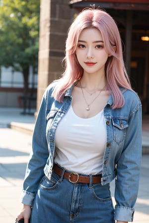 A young girl with vibrant pink hair and long locks framing her heart-shaped face. She gazes directly at the viewer, a warm smile spreading across her closed-mouthed lips. Her green eyes sparkle as she wears a white shirt with a jacket open to reveal a belt and necklace. A bag slung over her shoulder, she stands confidently, her denim jacket worn over a blue one, creating a sense of depth and texture in the blurred background.,Xyunxiao,(big breasts:1.59),Ziling