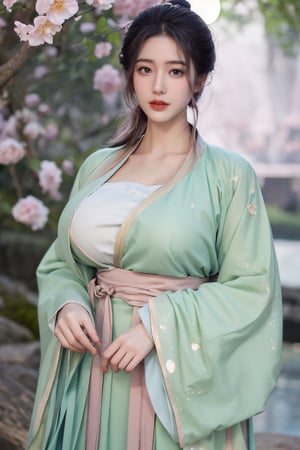 (masterpiece, best quality:1.2), highres, extremely detailed, 1 girl, purple hair, eye highlights,BREAK,(light green hanfu dress:1.39), frills, outdoors, flower, fluttering petals, upper body, depth of field,pastel color, Depth of field,garden of the sun,shiny,flowers, garden, 1girl, butterfly style, butterflies, ultra detailed, glary,Light, light particles,glitter,reflect,,(big breasts:1.69),Xyunxiao,(full moon:1.29),waterfall 