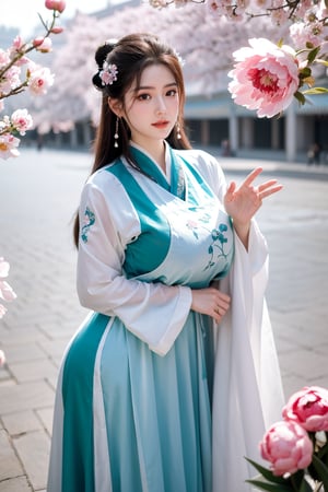 Masterpiece, Best Quality,young and beautiful Chinese girl wearing a cheongsam with coiled hair,wearing vintage Chinese earrings, (big breasts:1.45),1girl, half, (Masterpiece:1.2), best quality,arien_hanfu, 1girl, (spring scene:1.59), (red hanfu dress:1.29),looking_at_viewer, (big breasts:1.69),Young beauty spirit,(The background is the Forbidden City1.39),Xyunxiao,(Large aperture, blurred background, spring scene, peony flowers:1.39)