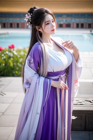 Masterpiece, Best Quality,young and beautiful Chinese girl wearing a cheongsam with coiled hair,wearing vintage Chinese earrings, (big breasts:1.39),1girl, half, (Masterpiece:1.2), best quality,arien_hanfu, 1girl, (pink flowers:1.29), (purple hanfu dress:1.29),looking_at_viewer, , (big breasts:1.53),Young beauty spirit,（The background is the Forbidden City1.39）,Xyunxiao