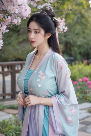 (masterpiece, best quality:1.2), highres, extremely detailed, 1 girl, purple hair, eye highlights,BREAK,(light color hanfu dress:1.39), frills, outdoors, flower, fluttering petals, upper body, depth of field,pastel color, Depth of field,garden of the sun,shiny,flowers, garden, 1girl, butterfly style, butterflies, ultra detailed, glary,Light, light particles,glitter,reflect,,(big breasts:1.68),Xyunxiao,(full moon:1.29),waterfall 