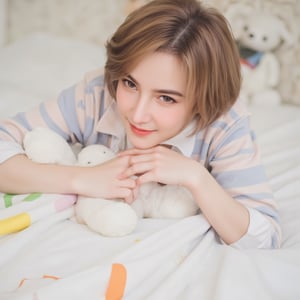 Thai girl, 24 years old with short light brown hair and gradients brown eyes is lying on a bed with her hands on her face. She is wearing a cottoncandy and blue striped sweater, and her hands are resting on her chin. She has a white teddy bear in her lap, and a white blanket draped over her. The blanket is adorned with a variety of colors, including yellow, green, orange, and pink. She is smiling. The backdrop is blurred, with a teddy in the background, blurry_foreground 