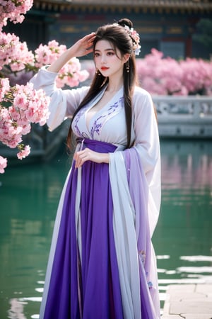 Masterpiece, Best Quality,young and beautiful Chinese girl wearing a cheongsam with coiled hair,wearing vintage Chinese earrings, (big breasts:1.39),1girl, half, (Masterpiece:1.2), best quality,arien_hanfu, 1girl, (pink flowers:1.29), (purple hanfu dress:1.29),looking_at_viewer, , (big breasts:1.53),Young beauty spirit,（The background is the Forbidden City1.39）,Xyunxiao