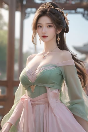   (masterpiece, best quality:1.2), realistic,1girl, solo, looking at viewer, (light pink-green dress:1.29).realistic, midriff, bare shoulders, standting, hair ornament, long hair, jewelry, brown hair, parted lips, skirt, short skirt, cowboy shot,Xyunxiao, ,(huge breasts:1.69), 