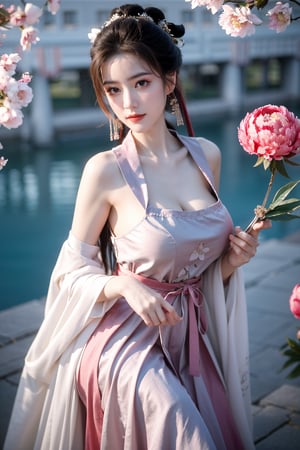 Masterpiece, Best Quality,young and beautiful Chinese girl wearing a cheongsam with coiled hair,wearing vintage Chinese earrings, (big breasts:1.45),1girl, half, (Masterpiece:1.2), best quality,arien_hanfu, 1girl, (spring scene:1.59), (red hanfu dress:1.52),looking_at_viewer, (big breasts:1.69),Young beauty spirit,(The background is the Forbidden City1.39),Xyunxiao,(Large aperture, blurred background, spring scene, peony flowers:1.39)