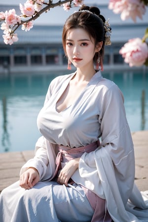 Masterpiece, Best Quality,young and beautiful Chinese girl wearing a cheongsam with coiled hair,wearing vintage Chinese earrings, (big breasts:1.45),1girl, half, (Masterpiece:1.2), best quality,arien_hanfu, 1girl, (spring scene:1.59), (red hanfu dress:1.29),looking_at_viewer, (big breasts:1.69),Young beauty spirit,(The background is the Forbidden City1.39),Xyunxiao,(Large aperture, blurred background, spring scene, peony flowers:1.39)