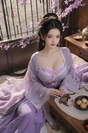 1girl, solo, long hair, black hair,Hairpins,necklace, hair ornament, dress, full body, flower, earrings, indoors, hair bun, (purple dress),(Tube top Hanfu long skirt:1.1), pillow, bed, night, chinese clothes, table, branch,daxiushan, ,daxiushan style,(huge breasts:1.99), (full breasts:1.59), realistic,hanfu, daxiushan,Shoulders are exposed, , daxiushan, arien_hanfu, FilmGirl,Xziling