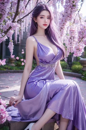 (masterpiece, best quality:1.2), highres, extremely detailed, 1 girl, purple hair, eye highlights,purple dress, frills, outdoors, flower, fluttering petals, full body, sitting,depth of field,pastel color, Depth of field,garden of the sun,shiny,flowers, garden, 1girl, butterfly style, butterflies, ultra detailed, glary,Light, light particles,glitter,reflect,,(big breasts:1.37),Xyunxiao,full moon