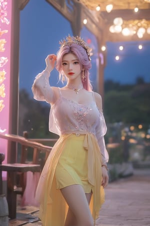   (masterpiece, best quality:1.2),Nights,( parties:1.3), (neon lights:1.4),( lively:1.3), glowing earrings, realistic, pub,1girl, solo, looking at viewer, (light yellow-pink dress:1.23)realistic, midriff, bare shoulders, standting, hair ornament, pink hair, jewelry, brown hair, parted lips, skirt, purple skirt, cowboy shot,Xyunxiao, ,(huge breasts:1.5), 