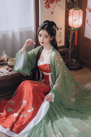 (masterpiece, best quality:1.2),1girl, solo, long hair, black hair,Hairpins,necklace, hair ornament, dress, full body, flower, earrings, indoors, hair bun, (red-green dress:1.23),(Tube top Hanfu long skirt:1.1), pillow, bed, night, chinese clothes, table, branch,daxiushan, ,daxiushan style,(huge breasts:1.99), (full breasts:1.59), realistic,hanfu, daxiushan,Shoulders are exposed, , daxiushan, arien_hanfu, FilmGirl,Xningyudie