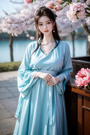 Masterpiece, Best Quality,young and beautiful Chinese girl wearing a cheongsam with coiled hair,wearing vintage Chinese earrings, (big breasts:1.45),1girl, half, (Masterpiece:1.2), best quality,arien_hanfu, 1girl, (spring scene:1.59), (light blue hanfu dress:1.29),looking_at_viewer, (big breasts:1.69),Young beauty spirit,(The background is the Forbidden City1.39),Xyunxiao,(Large aperture, blurred background, spring scene, peony flowers:1.39)