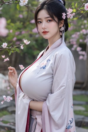 (masterpiece, best quality:1.2), highres, extremely detailed, 1 girl, purple hair, eye highlights,(light red hanfu dress:1.29), frills, outdoors, flower, fluttering petals, upper body, depth of field,pastel color, Depth of field,garden of the sun,shiny,flowers, garden, 1girl, butterfly style, butterflies, ultra detailed, glary,Light, light particles,glitter,reflect,,(big breasts:1.6),Xyunxiao,(full moon:1.29),waterfall 