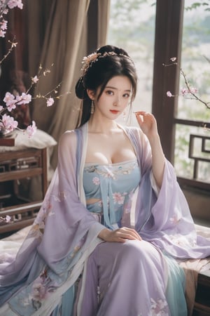 (masterpiece, best quality:1.2),1girl, solo, long hair, black hair,Hairpins,necklace, hair ornament, dress, full body, (huge breasts:2.29), (full breasts:1.69),flower, earrings, indoors, hair bun, (light purple-blue dress:1.29),(Tube top Hanfu long skirt:1.1), pillow, bed, night, chinese clothes, table, branch,daxiushan, ,daxiushan style,(huge breasts:2.39), (full breasts:1.79), realistic,hanfu, daxiushan,Shoulders are exposed, , daxiushan, arien_hanfu, FilmGirl,,Xyunxiao,weijin_hanfu,Xningyudie