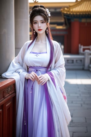 Masterpiece, Best Quality,young and beautiful Chinese girl wearing a cheongsam with coiled hair,wearing vintage Chinese earrings, (big breasts:1.39),1girl, half, (Masterpiece:1.2), best quality,arien_hanfu, 1girl, (pink flowers:1.29), (purple hanfu dress:1.29),looking_at_viewer, , (big breasts:1.53),Young beauty spirit,（The background is the Forbidden City1.39）,Xyunxiao