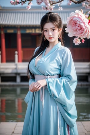 Masterpiece, Best Quality,young and beautiful Chinese girl wearing a cheongsam with coiled hair,wearing vintage Chinese earrings, (big breasts:1.45),1girl, half, (Masterpiece:1.2), best quality,arien_hanfu, 1girl, (spring scene:1.59), (light blue hanfu dress:1.29),looking_at_viewer, (big breasts:1.69),Young beauty spirit,(The background is the Forbidden City1.39),Xyunxiao,(Large aperture, blurred background, spring scene, peony flowers:1.39)