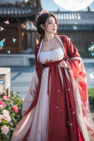 (masterpiece, best quality:1.2), highres, extremely detailed, 1 girl, very long hair, eye highlights,
BREAK,
(red hanfu dress:1.39), frills, outdoors, flower, fluttering petals, pefect body, depth of field,pastel color, Depth of field,garden of the sun,shiny,flowers, garden, 1girl, (butterfly style, butterflies:1.23), ultra detailed, glary,Light, light particles,glitter,reflect,,(big breasts:1.62),Xyunxiao,(full moon:1.39),