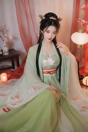 (masterpiece, best quality:1.2),1girl, solo, long hair, black hair,Hairpins,necklace, hair ornament, dress, full body, flower, earrings, indoors, hair bun, (red-green dress:1.23),(Tube top Hanfu long skirt:1.1), pillow, bed, night, chinese clothes, table, branch,daxiushan, ,daxiushan style,(huge breasts:2.23), (full breasts:1.79), realistic,hanfu, daxiushan,Shoulders are exposed, , daxiushan, arien_hanfu, FilmGirl,Xningyudie