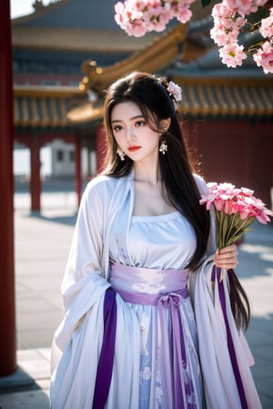 Masterpiece, Best Quality,young and beautiful Chinese girl wearing a cheongsam with coiled hair,wearing vintage Chinese earrings, (big breasts:1.39),1girl, half, (Masterpiece:1.2), best quality,arien_hanfu, 1girl, (pink flowers:1.29), (purple hanfu dress:1.29),looking_at_viewer, , (big breasts:1.53),Young beauty spirit,（The background is the Forbidden City1.39）,Xyunxiao