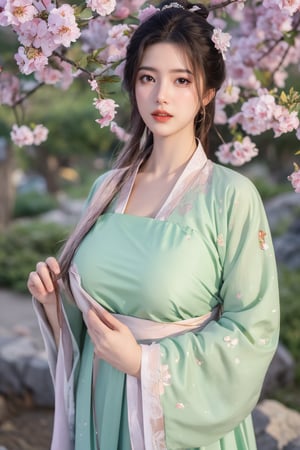 (masterpiece, best quality:1.2), highres, extremely detailed, 1 girl, purple hair, eye highlights,BREAK,(light green hanfu dress:1.39), frills, outdoors, flower, fluttering petals, upper body, depth of field,pastel color, Depth of field,garden of the sun,shiny,flowers, garden, 1girl, butterfly style, butterflies, ultra detailed, glary,Light, light particles,glitter,reflect,,(big breasts:1.69),Xyunxiao,(full moon:1.29),waterfall 