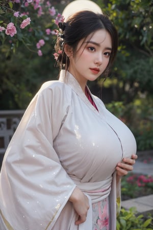 (masterpiece, best quality:1.2), highres, extremely detailed, 1 girl, purple hair, eye highlights,(light red hanfu dress:1.29), frills, outdoors, flower, fluttering petals, upper body, depth of field,pastel color, Depth of field,garden of the sun,shiny,flowers, garden, 1girl, butterfly style, butterflies, ultra detailed, glary,Light, light particles,glitter,reflect,,(big breasts:1.6),Xyunxiao,(full moon:1.29),waterfall 