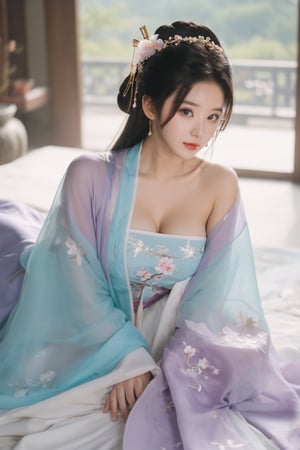 (masterpiece, best quality:1.2),1girl, solo, long hair, black hair,Hairpins,necklace, hair ornament, dress, full body, (huge breasts:2.29), (full breasts:1.69),flower, earrings, indoors, hair bun, (light purple-cyan dress:1.29),(Tube top Hanfu long skirt:1.1), pillow, bed, night, chinese clothes, table, branch,daxiushan, ,daxiushan style,(huge breasts:2.39), (full breasts:1.79), realistic,hanfu, daxiushan,Shoulders are exposed, , daxiushan, arien_hanfu, FilmGirl,,Xyunxiao,weijin_hanfu,Xningyudie