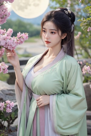 (masterpiece, best quality:1.2), highres, extremely detailed, 1 girl, purple hair, eye highlights,BREAK,(light green hanfu dress:1.39), frills, outdoors, flower, fluttering petals, upper body, depth of field,pastel color, Depth of field,garden of the sun,shiny,flowers, garden, 1girl, butterfly style, butterflies, ultra detailed, glary,Light, light particles,glitter,reflect,,(big breasts:1.69),Xyunxiao,(full moon:1.29),waterfall 