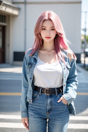 A young woman with vibrant pink hair and long locks framing her heart-shaped face. She gazes directly at the viewer, a warm smile spreading across her closed-mouthed lips. Her green eyes sparkle as she wears a white shirt with a jacket open to reveal a belt and necklace. A bag slung over her shoulder, she stands confidently, her denim jacket worn over a blue one, creating a sense of depth and texture in the blurred background.,Xyunxiao,(big breasts:1.39),Ziling