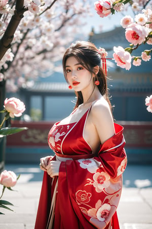 Masterpiece, Best Quality,young and beautiful Chinese girl wearing a cheongsam with coiled hair,wearing vintage Chinese earrings, (big breasts:1.45),1girl, half, (Masterpiece:1.2), best quality,red arien_hanfu, 1girl, (spring scene:1.59), (red hanfu dress:1.52),looking_at_viewer, (big breasts:1.69),Young beauty spirit,(The background is the Forbidden City1.39),Xyunxiao,(Large aperture, blurred background, spring scene, peony flowers:1.39)