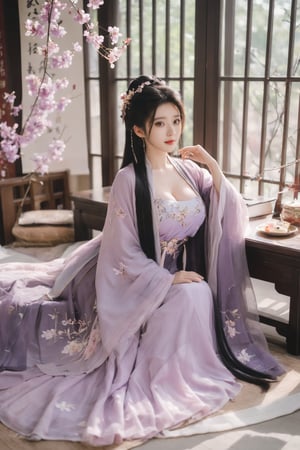 (masterpiece, best quality:1.2),1girl, solo, long hair, black hair,Hairpins,necklace, hair ornament, dress, full body, (huge breasts:2.29), (full breasts:1.69),flower, earrings, indoors, hair bun, (light purple-black dress:1.29),(Tube top Hanfu long skirt:1.1), pillow, bed, night, chinese clothes, table, branch,daxiushan, ,daxiushan style,(huge breasts:2.39), (full breasts:1.79), realistic,hanfu, daxiushan,Shoulders are exposed, , daxiushan, arien_hanfu, FilmGirl,,Xyunxiao,weijin_hanfu,Xningyudie