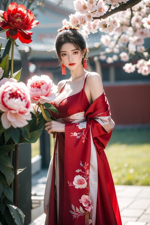 Masterpiece, Best Quality,young and beautiful Chinese girl wearing a cheongsam with coiled hair,wearing vintage Chinese earrings, (big breasts:1.45),1girl, half, (Masterpiece:1.2), best quality,red arien_hanfu, 1girl, (spring scene:1.59), (red hanfu dress:1.52),looking_at_viewer, (big breasts:1.69),Young beauty spirit,(The background is the Forbidden City1.39),Xyunxiao,(Large aperture, blurred background, spring scene, peony flowers:1.39)