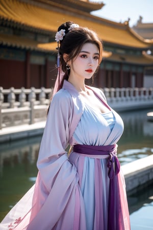 Masterpiece, Best Quality,young and beautiful Chinese girl wearing a cheongsam with coiled hair,wearing vintage Chinese earrings, (big breasts:1.39),1girl, half, (Masterpiece:1.2), best quality,arien_hanfu, 1girl, (pink flowers:1.29), (purple hanfu dress:1.29),looking_at_viewer, , (big breasts:1.53),Young beauty spirit,（The background is the Forbidden City1.39）,Xyunxiao