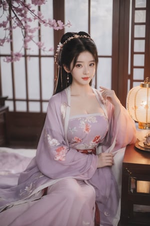 (masterpiece, best quality:1.2),1girl, solo, long hair, black hair,Hairpins,necklace, hair ornament, dress, full body, (huge breasts:2.19), (full breasts:1.69),flower, earrings, indoors, hair bun, (light purple-red dress:1.29),(Tube top Hanfu long skirt:1.1), pillow, bed, night, chinese clothes, table, branch,daxiushan, ,daxiushan style,(huge breasts:2.36), (full breasts:1.79), realistic,hanfu, daxiushan,Shoulders are exposed, , daxiushan, arien_hanfu, FilmGirl,,Xyunxiao,weijin_hanfu,Xningyudie