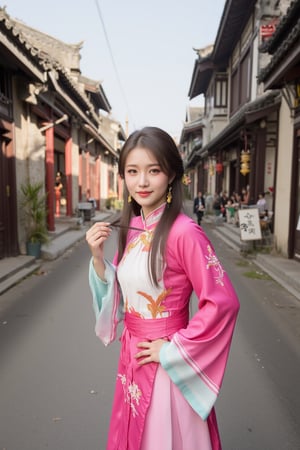 A school girl,solo ,XxiaoxunerX,Hanfu girl, lotus, Yunnan ancient town street