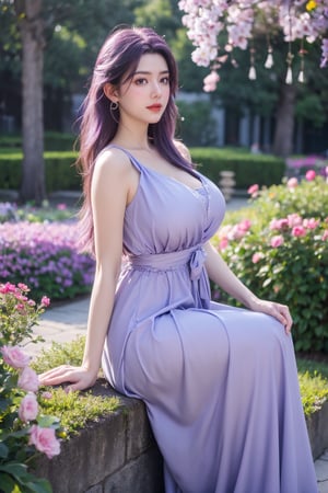 (masterpiece, best quality:1.2), highres, extremely detailed, 1 girl, purple hair, eye highlights,purple dress, frills, outdoors, flower, fluttering petals, full body, sitting,depth of field,pastel color, Depth of field,garden of the sun,shiny,flowers, garden, 1girl, butterfly style, butterflies, ultra detailed, glary,Light, light particles,glitter,reflect,,(big breasts:1.37),Xyunxiao,full moon