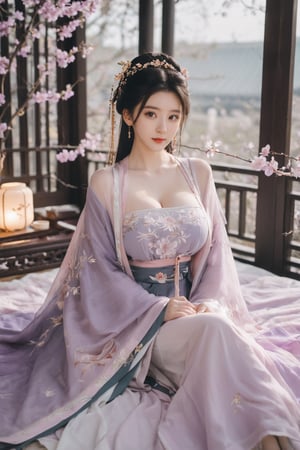 (masterpiece, best quality:1.2),1girl, solo, long hair, black hair,Hairpins,necklace, hair ornament, dress, full body, (huge breasts:2.29), (full breasts:1.69),flower, earrings, indoors, hair bun, (light purple-black dress:1.29),(Tube top Hanfu long skirt:1.1), pillow, bed, night, chinese clothes, table, branch,daxiushan, ,daxiushan style,(huge breasts:2.39), (full breasts:1.79), realistic,hanfu, daxiushan,Shoulders are exposed, , daxiushan, arien_hanfu, FilmGirl,,Xyunxiao,weijin_hanfu,Xningyudie