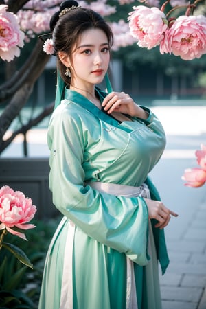 Masterpiece, Best Quality,young and beautiful Chinese girl wearing a cheongsam with coiled hair,wearing vintage Chinese earrings, (big breasts:1.45),1girl, half, (Masterpiece:1.2), best quality,arien_hanfu, 1girl, (spring scene:1.59), (light green hanfu dress:1.29),looking_at_viewer, (big breasts:1.69),Young beauty spirit,(The background is the Forbidden City1.39),Xyunxiao,(Large aperture, blurred background, spring scene, peony flowers:1.39)