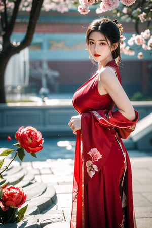 Masterpiece, Best Quality,young and beautiful Chinese girl wearing a cheongsam with coiled hair,wearing vintage Chinese earrings, (big breasts:1.45),1girl, half, (Masterpiece:1.2), best quality,red arien_hanfu, 1girl, (spring scene:1.59), (red hanfu dress:1.52),looking_at_viewer, (big breasts:1.69),Young beauty spirit,(The background is the Forbidden City1.39),Xyunxiao,(Large aperture, blurred background, spring scene, peony flowers:1.39)
