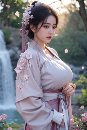 (masterpiece, best quality:1.2), highres, extremely detailed, 1 girl, purple hair, eye highlights,(light red hanfu dress:1.29), frills, outdoors, flower, fluttering petals, upper body, depth of field,pastel color, Depth of field,garden of the sun,shiny,flowers, garden, 1girl, butterfly style, butterflies, ultra detailed, glary,Light, light particles,glitter,reflect,,(big breasts:1.6),Xyunxiao,(full moon:1.29),waterfall 