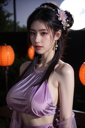   (masterpiece, best quality:1.2),1girl, navel, solo, midriff, bare shoulders, lantern, hair ornament, flower, hair flower, paper lantern, black hair, red lips, looking at viewer, chinese clothes, (light purple dress:1.29), purple eyes,blurry, solo focus, long hair, lips, night, lipstick, outdoors, upper body, blurry,(huge breasts:1.46), background, solo, makeup, hair bun,Xyunxiao,full moon