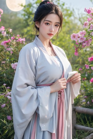 (masterpiece, best quality:1.2), highres, extremely detailed, 1 girl, very long hair, eye highlights,BREAK,(red hanfu dress:1.39), frills, outdoors, flower, fluttering petals, upper body, depth of field,pastel color, Depth of field,garden of the sun,shiny,flowers, garden, 1girl, butterfly style, butterflies, ultra detailed, glary,Light, light particles,glitter,reflect,,(big breasts:1.65),Xyunxiao,(full moon:1.39),waterfall 