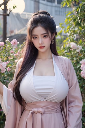 (masterpiece, best quality:1.2), highres, extremely detailed, 1 girl, purple hair, eye highlights,(light red hanfu dress:1.29), frills, outdoors, flower, fluttering petals, upper body, depth of field,pastel color, Depth of field,garden of the sun,shiny,flowers, garden, 1girl, butterfly style, butterflies, ultra detailed, glary,Light, light particles,glitter,reflect,,(big breasts:1.63),Xyunxiao,(full moon:1.23)