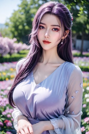 (masterpiece, best quality:1.2), highres, extremely detailed, 1 girl, purple hair, eye highlights,purple dress, frills, outdoors, flower, fluttering petals, upper body, depth of field,pastel color, Depth of field,garden of the sun,shiny,flowers, garden, 1girl, butterfly style, butterflies, ultra detailed, glary,Light, light particles,glitter,reflect,,(big breasts:1.29),Xyunxiao,sky_moon