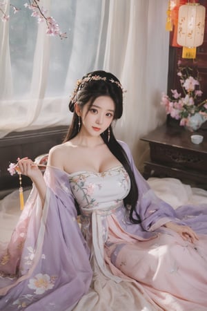 (masterpiece, best quality:1.2),1girl, solo, long hair, black hair,Hairpins,necklace, hair ornament, dress, full body, (huge breasts:2.29), (full breasts:1.69),flower, earrings, indoors, hair bun, (light purple-white dress:1.29),(Tube top Hanfu long skirt:1.1), pillow, bed, night, chinese clothes, table, branch,daxiushan, ,daxiushan style,(huge breasts:2.39), (full breasts:1.79), realistic,hanfu, daxiushan,Shoulders are exposed, , daxiushan, arien_hanfu, FilmGirl,,Xyunxiao,weijin_hanfu,Xningyudie