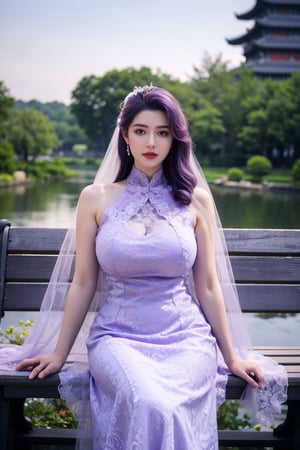 masterpiece,1girl,(mature female:0.5),tall body,golden proportions,(Kpop idol),(shiny skin:1.2),(oil skin:1.1),makeup,(close up),depth of field,(closed mouth:0.5),((long wavy purple hair)),(puffy eyes),(eyelashes:1.1),(parted lips:1.1),red lipstick,fantasy art style,dreamy light,(high neck purple wedding dress:1.59),(dark purple long wedding dress:1.39),(purple lace:1.36),(All clothes are purple:1.39),perfect body,(purple dreamy veil:1.3),(dusk:1.2),(princess shoes:1.1),(diamond necklace),(crystal hairpin),tyndall effect,highres,BREAK,(Sitting on a garden bench in a garden full of peony flowers, next to a lotus pond with ancient Chinese architecture in the background:1.49), (big breasts:2.33),(Lotus Pond,purple Flower:1.59), Yunxiao_Fairy