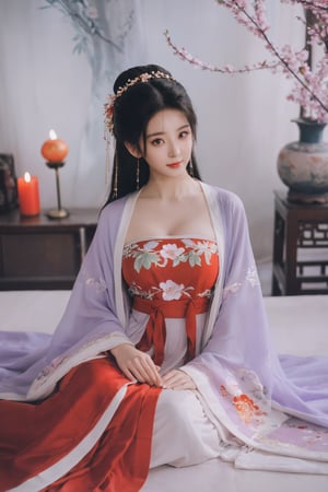 (masterpiece, best quality:1.2),1girl, solo, long hair, black hair,Hairpins,necklace, hair ornament, dress, full body, (huge breasts:2.19), (full breasts:1.69),flower, earrings, indoors, hair bun, (light purple-red dress:1.29),(Tube top Hanfu long skirt:1.1), pillow, bed, night, chinese clothes, table, branch,daxiushan, ,daxiushan style,(huge breasts:2.36), (full breasts:1.79), realistic,hanfu, daxiushan,Shoulders are exposed, , daxiushan, arien_hanfu, FilmGirl,,Xyunxiao,weijin_hanfu,Xningyudie