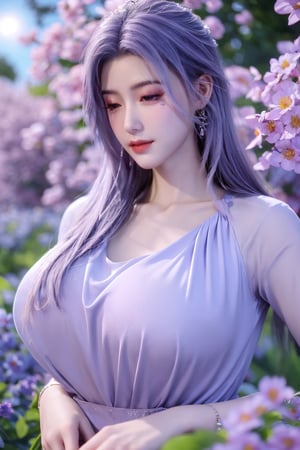 (masterpiece, best quality:1.2), highres, extremely detailed, 1 girl, purple hair, eye highlights,purple dress, frills, outdoors, flower, fluttering petals, upper body, depth of field,pastel color, Depth of field,garden of the sun,shiny,flowers, garden, 1girl, butterfly style, butterflies, ultra detailed, glary,Light, light particles,glitter,reflect,,(big breasts:1.39),Xyunxiao,Ziling