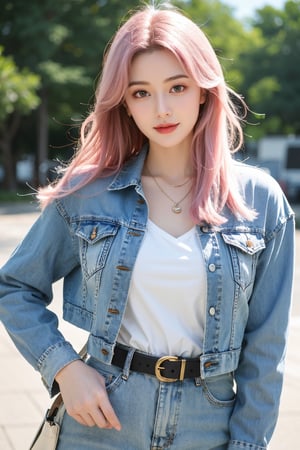 A young woman with vibrant pink hair and long locks framing her heart-shaped face. She gazes directly at the viewer, a warm smile spreading across her closed-mouthed lips. Her green eyes sparkle as she wears a white shirt with a jacket open to reveal a belt and necklace. A bag slung over her shoulder, she stands confidently, her denim jacket worn over a blue one, creating a sense of depth and texture in the blurred background.,Xyunxiao,(big breasts:1.39),